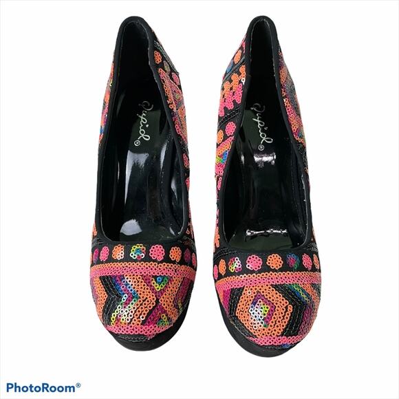Qupid NWOB Sequin Geometric Platform Stiletto Heel Size 6.5 Pink Orange Black - Picture 2 of 6